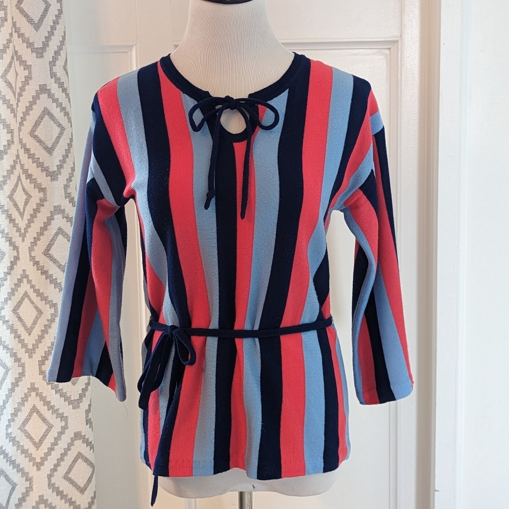 Vtg Women's Sz Large Pink And Blue Striped Acrylic Sweater Made in Korea